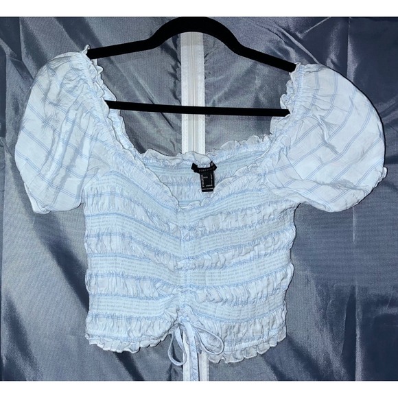Forever 21 Tops - Forever 21 Blue Plaid Smocked Crop Top Puff Sleeve Drawstring Women's Size Large